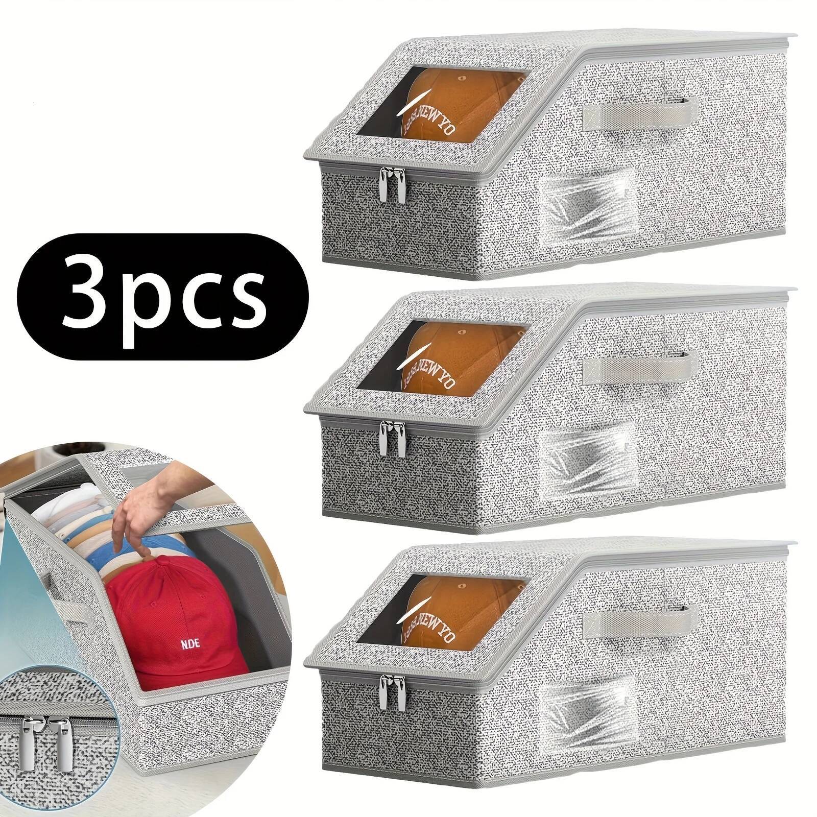 Stackable Baseball Cap Organizer Boxes-Large Capacity,Foldable Fabric Storage Boxe with Clear Lid&Metal Handles for Clothes,Hats ddmysept