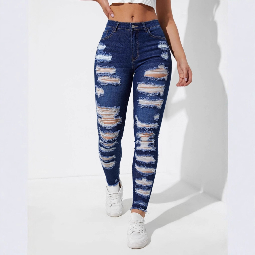 New Distressed High Waisted and Small Foot Multi Buttonhole Jeans for Women's Clothing