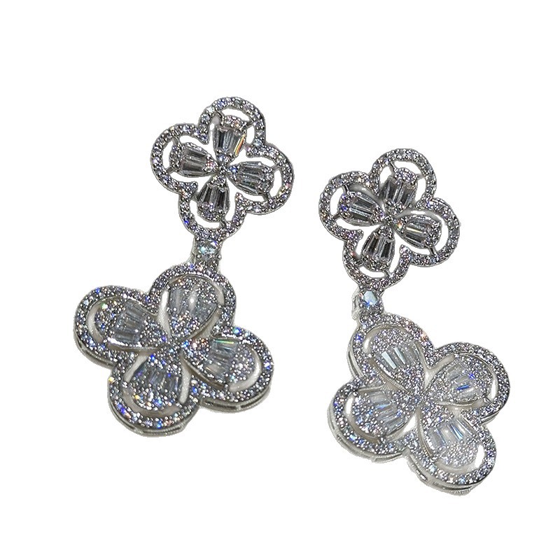 Silver Needle Zircon Hollow Flower Pendant Palace Style Niche Light Luxury High-end Earrings - view 6