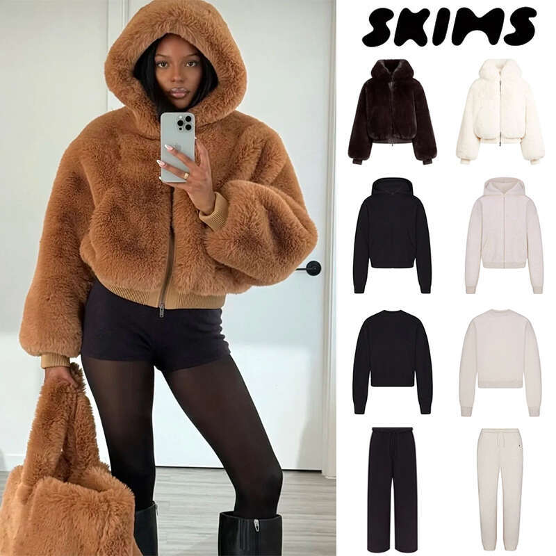 26 New SKIMS Winter New Style Women Hooded Synthetic Fur Coat Gym With Good Insulation Easy To Wear Soft And Eco friendly Fur With Zipper Closure Skimss Jacket Set Women