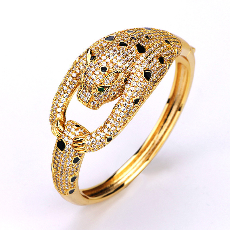 Jewelry Gold-Plated Copper Zircon Bracelet Domineering Animal Resin Leopard Head Diamond-Studded Bracelet Men's Personalized Jewelry Wholesale