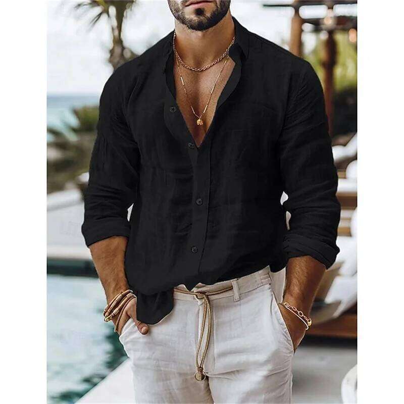 Men's linen summer cotton-linen blend button solid color vacation casual shirt, blue, white, black, pink 26L0113