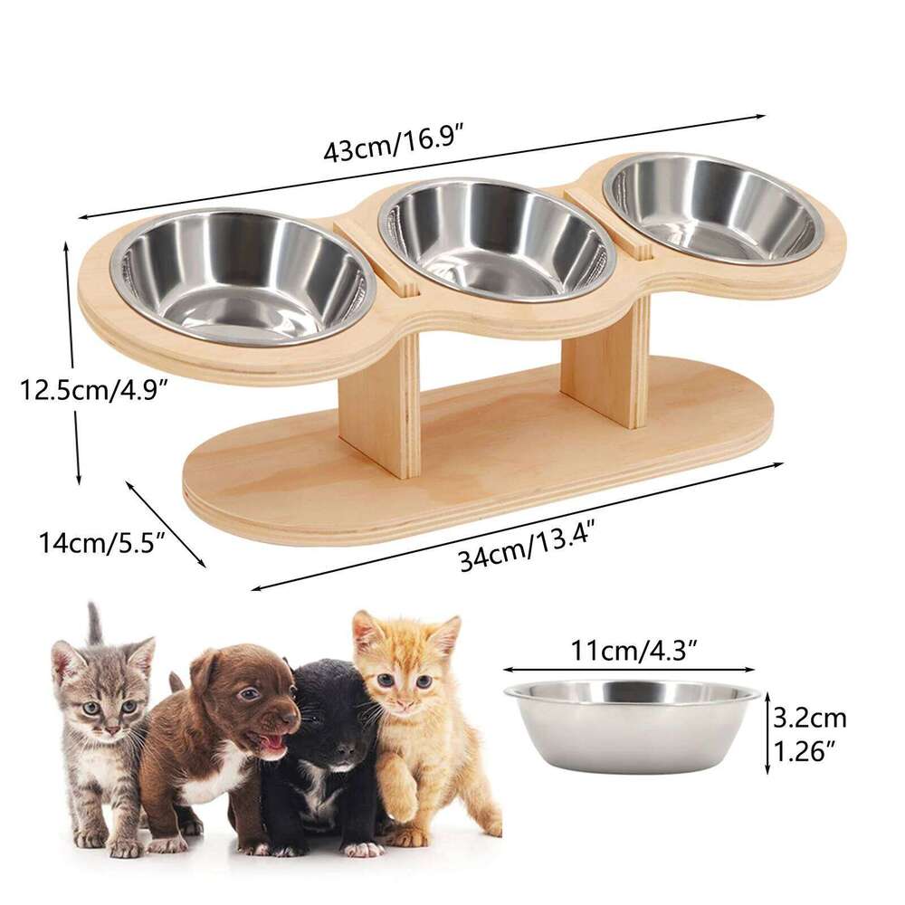 Elevated Cat Raised Wood Stand Feeder with 3 Stainless Steel Bowls Feeding & Watering Supplies for Puppy Cats Accessories 26W0113