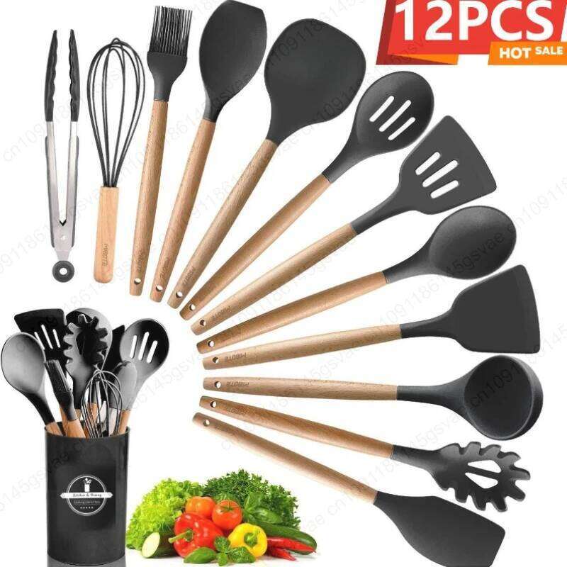 Home Kitchenware Set - 12Pcs Silicone Non-Stick Heat Resistant Spatula Spoon Turner Egg Beater Wooden Handle Cooking Tools for Home Kitchen and Dining