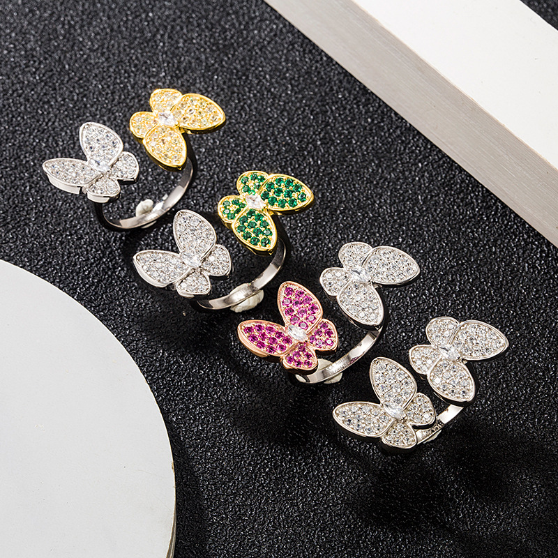 S925 Sterling Silver Double Butterfly with Inlaid Diamonds, Two-tone, European and American Style, Versatile, Trendy, Same Style as Influencers, Women
