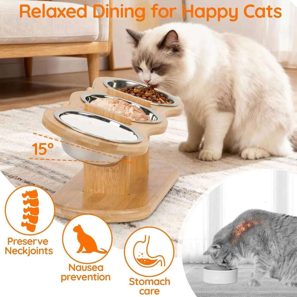 Elevated Cat Raised Wood Stand Feeder with 3 Stainless Steel Bowls Feeding & Watering Supplies for Puppy Cats Accessories 26W0113