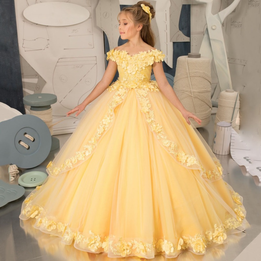 Cute Yellow Flower Girl Dresses Elegant A Line Off Shoulder Appliques Long Girl Pageant Party Gowns Teens Birthday Dress J04