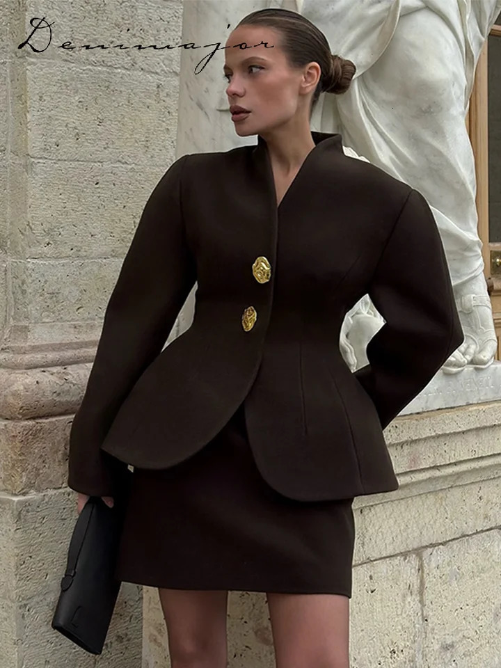 Brown Woolen Jacket Mini Skirt Sets Women Slim Waist Metal Button Long Sleeve Coat A-line Skirt 2025 Autumn 2 Pieces Outfits 260109 - view 3