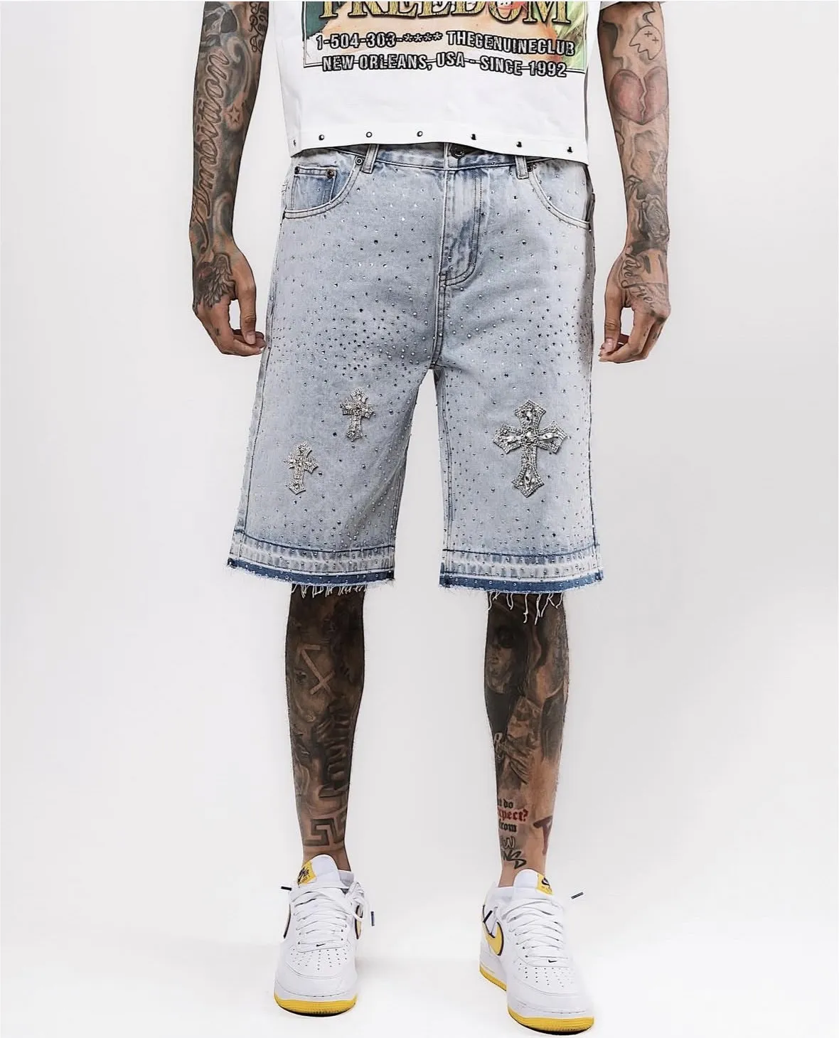 Men's Jeans American Retro Wash High Street Denim Shorts Men Women Straight Wide Legs Distressed Loose Casual Versatile Cropped