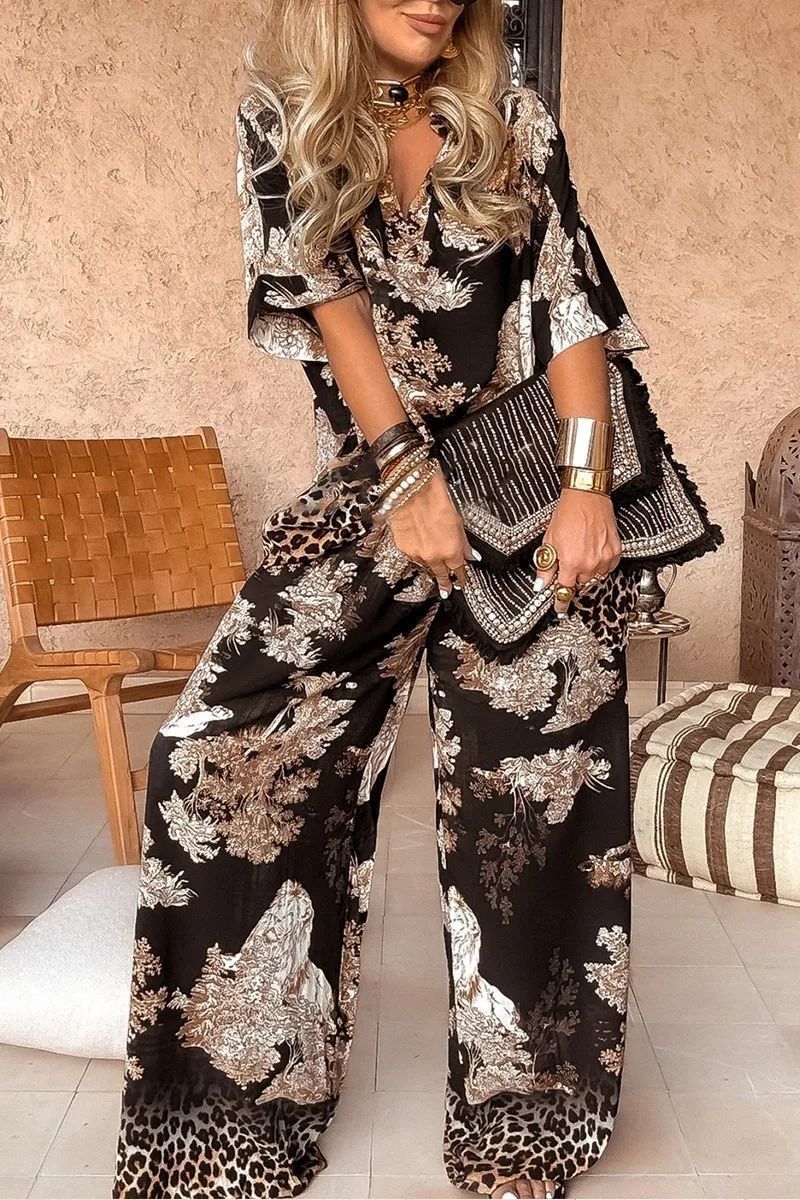 2024 Vintage Suit Sexy V Neck T-shirt Long Pants Outfits Summer Short Sleeve Loose Flare Sleeve Printed Ethnic Style Suit 240724