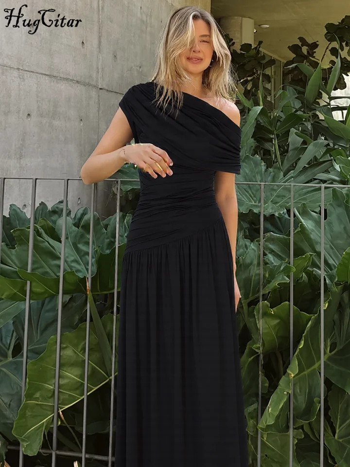 Hugcitar One Shoulder Ruched Sleeveless Solid Pleated Sexy Irregular Y2K Maxi Dress Summer Elegant Party Women Clothes Vacation 260112 - view 6