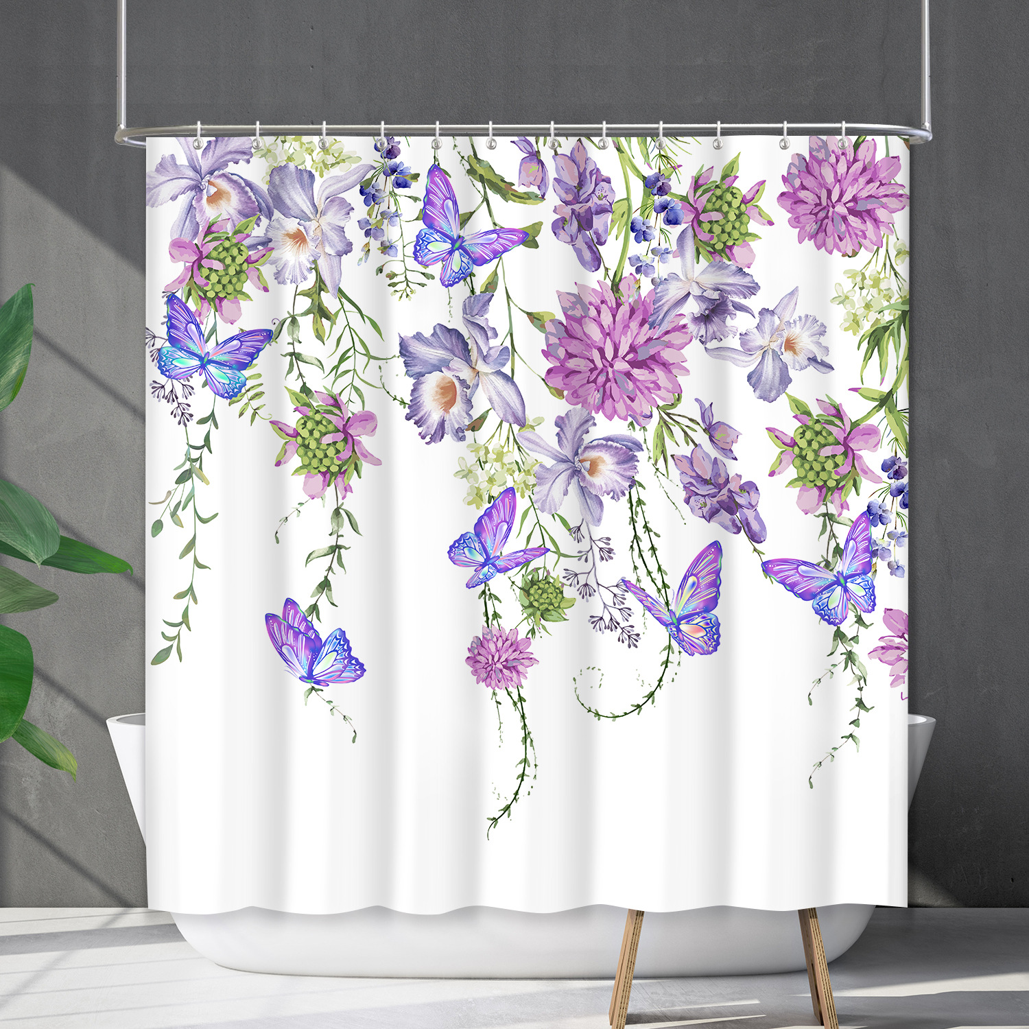 YL-38165 Waterproof Shower Curtain Set with Floral Flowers, Butterflies, and Other Floral Designs - Shower Cover - No Drill Required