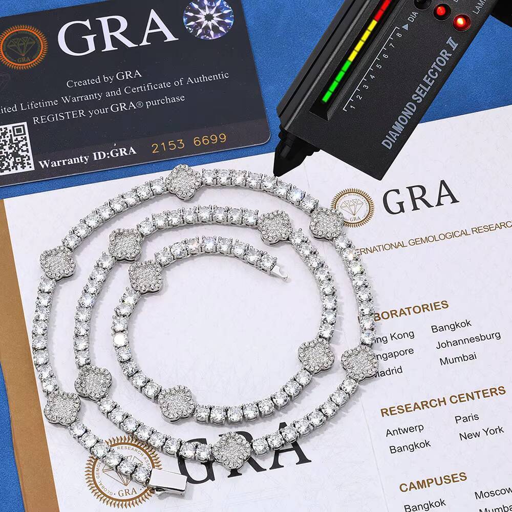Hip Hop Jewelry Tennis Chain 925 Silver Moissanite Four Leaf Clover Necklace GRA Certificate Pass Diamond Tester
