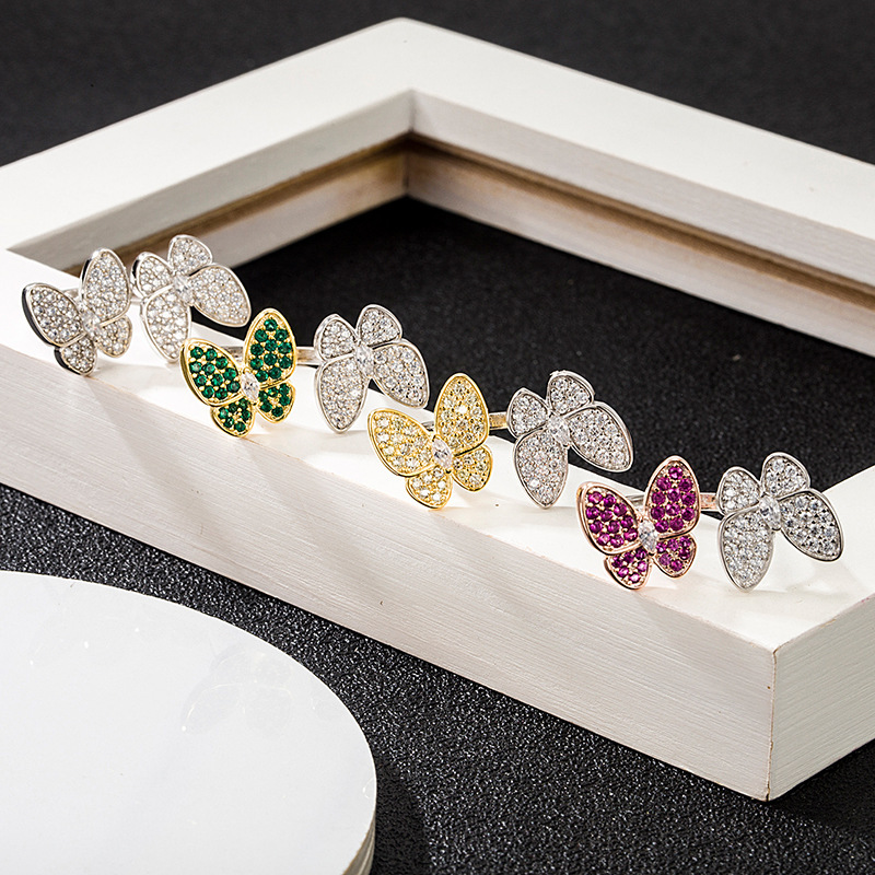 S925 Sterling Silver Double Butterfly with Inlaid Diamonds, Two-tone, European and American Style, Versatile, Trendy, Same Style as Influencers, Women