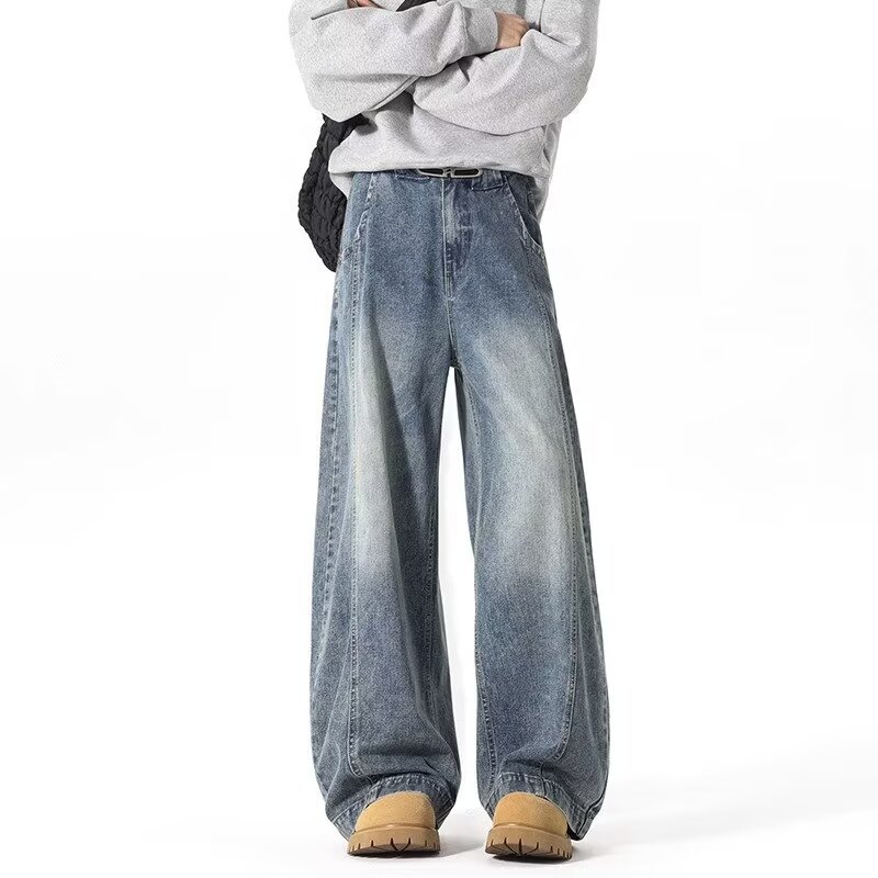 Men's American Streetwear Baggy Wide-Leg Jeans - Vintage Washed Slouchy Straight-Leg Casual Pants for Fall
