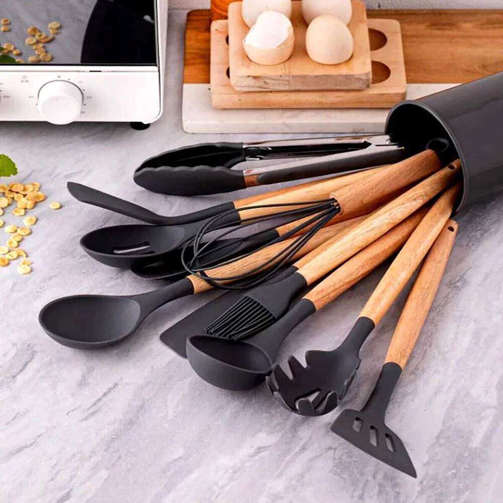 Home Kitchenware Set - 12Pcs Silicone Non-Stick Heat Resistant Spatula Spoon Turner Egg Beater Wooden Handle Cooking Tools for Home Kitchen and Dining