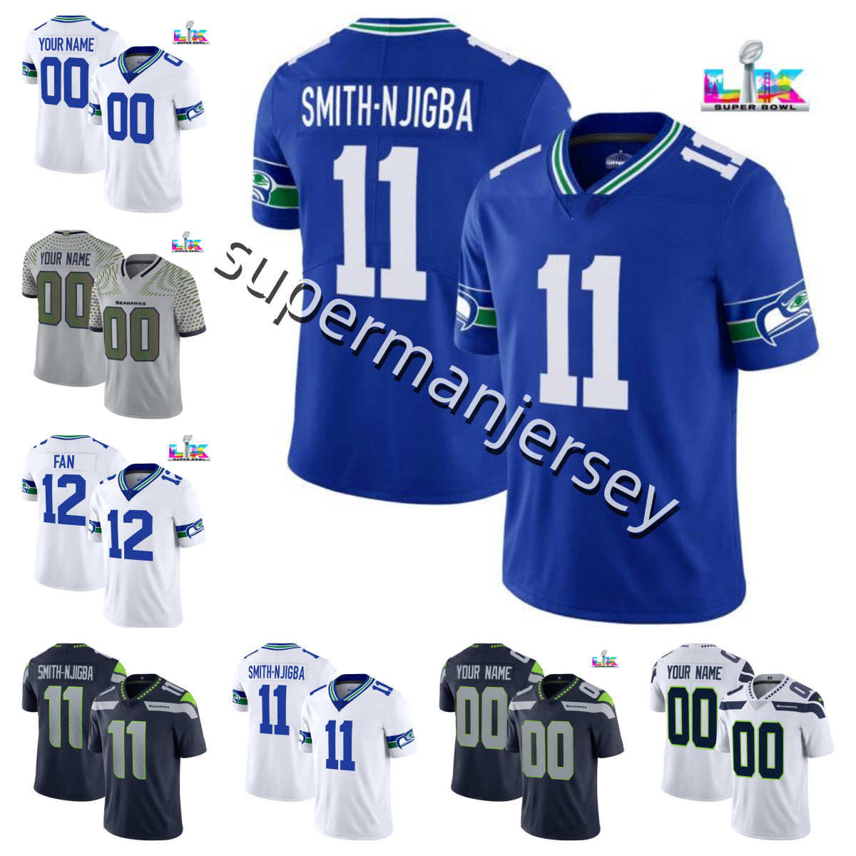 2025 Custom football Jersey s-3xl Smith-Njigba 11 Sam Darnold Cooper Kupp 10 Fan 12 Jalen Milroe Kenneth Walker III 9 Seattles SeahawksS Witherspoon 21 Lynch