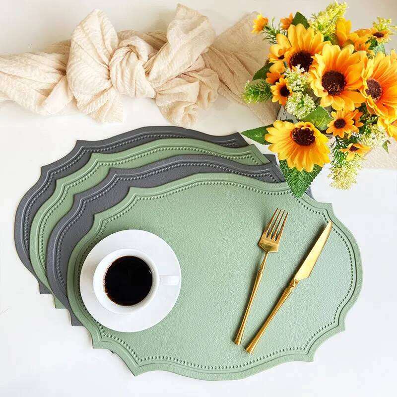 Placemat set with faux leather material for kitchen dining tables, luxurious placemats, tableware, coffee shop mats, dining table mats, green, beige, 