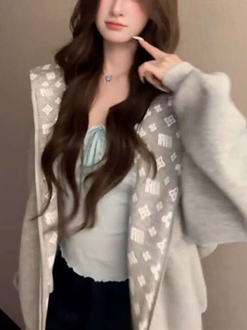 Super Stylish American Style Printed Hooded Sweatshirt Cardigan For Women, Autumn And Winter Couple Trendy Brand Zipper Fleece Top