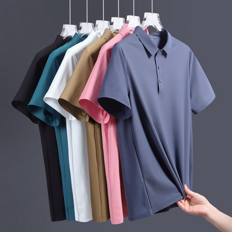 Summer New Polo Shirt Short Sleeve Business Solid Color Workwear Men Breathable Seamless Ice Silk Quick-Dry T-Shirt