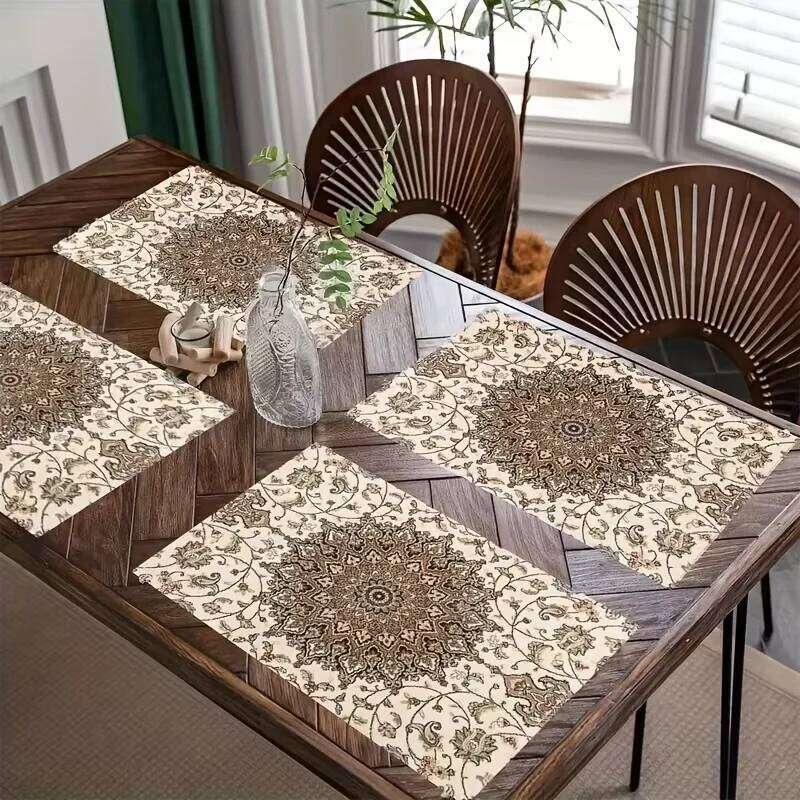 Bohemian Linen Place Mat Set for Dining Kitchen Restaurant Coffee Table Holiday Decor Waterproof Mats Living Room Bedroom Bathroom Use