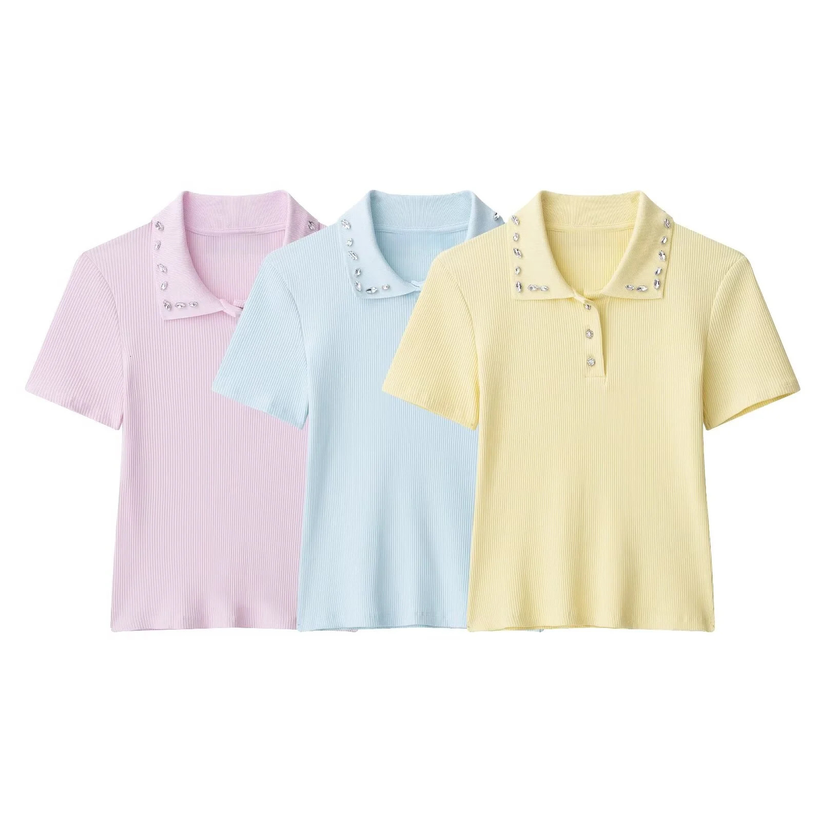 2025 Summer Products Womens Temperament Commuter Lapel Slim Jewelry Neck Ribbed POLO Shirt 260109