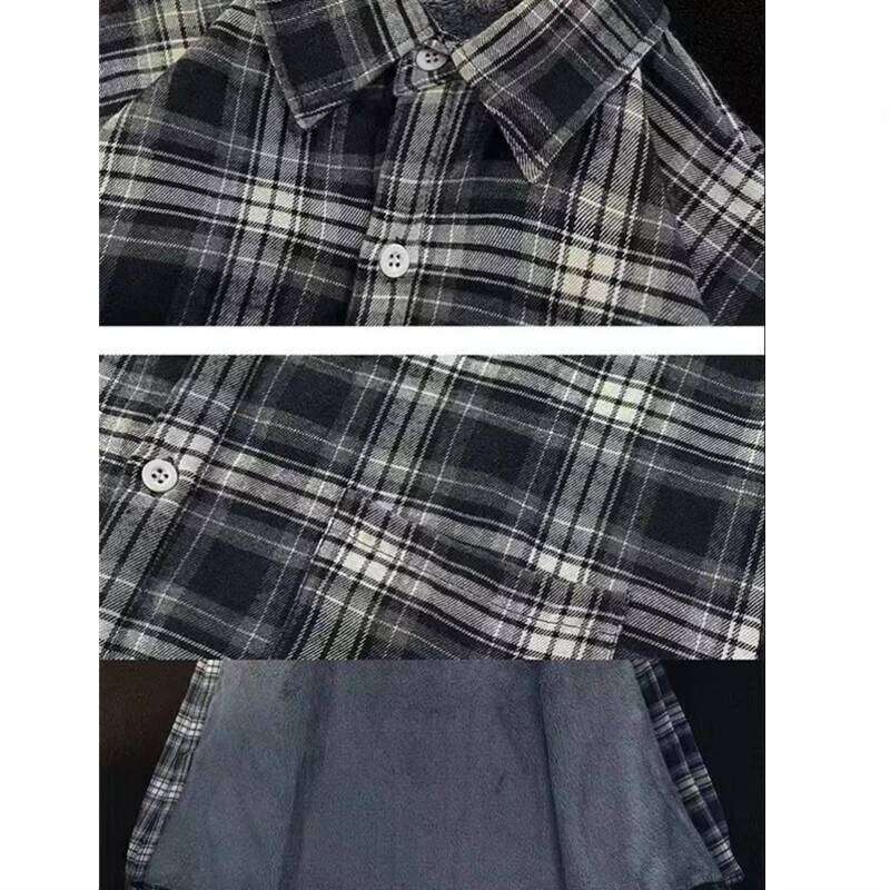 Men's Fleece Shirt Winter Thickened Long Sleeve Warm Shirts Black White Plaid Casual Button with Pocket All Matching Tops Coats 26L0113