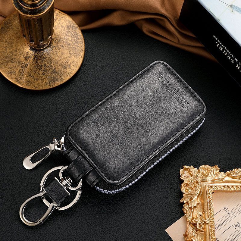 Mens Car Key Holder Business Genuine Leather Texture Zipper Universal Large Capacity Creative Waist Hanging Multi-Function Key Bag