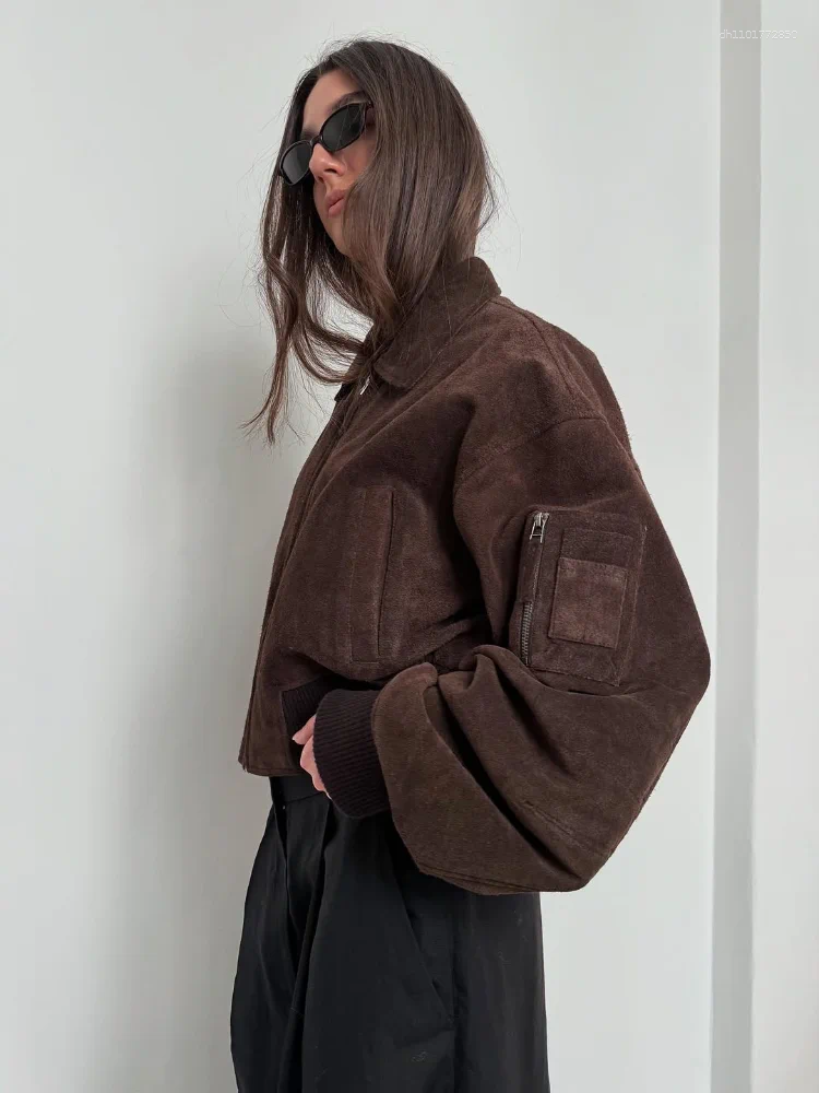 Women's Jackets Women Brown Short Suede Bomber Jacket Lapel Long Sleeve Zipper Pocket Cropped Coat Autumn Lady Fashion High Street Outwear
