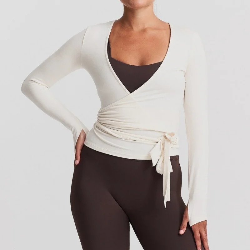 Y2k Ballet Pilates Wrap Top for Women Workout Yoga Dance Long Sleeve Wrap Shirt Slim Tie Front Going Out Crop Tops 260112 - view 6