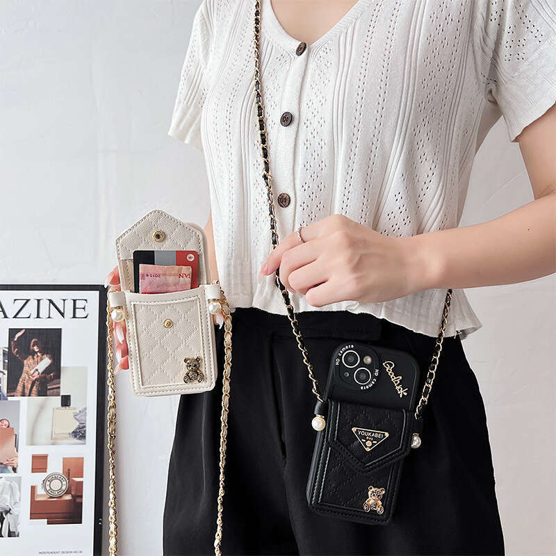 Crossbody iPhone Case with Coin Purse & Card Holder, Houndstooth Leather Design with Bear Emblem & Triangle Logo, Compatible with iPhone 17 Pro Max/16