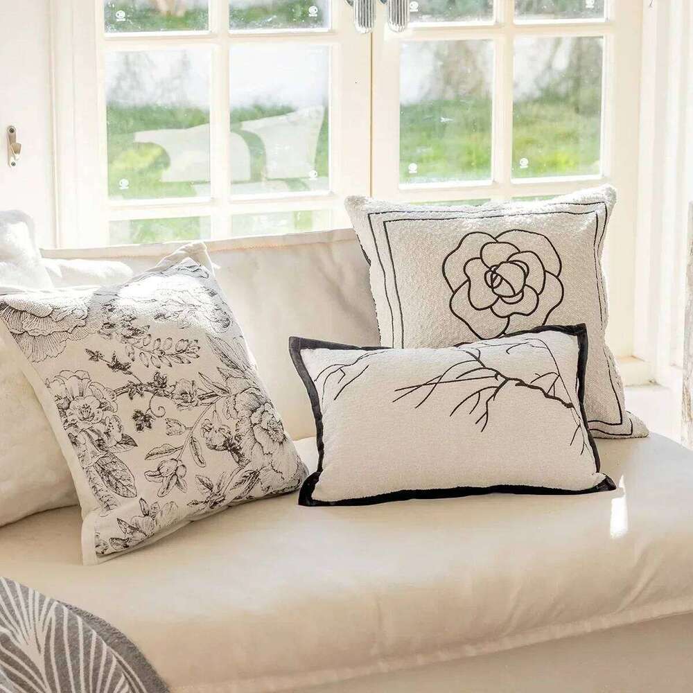 Home Textiles Throw Pillow Cover Black White Floral Pattern Light Luxury Jacquard Embroidery Cushion Case for Sofa Living Room Bedroom Kitchen Nordic 