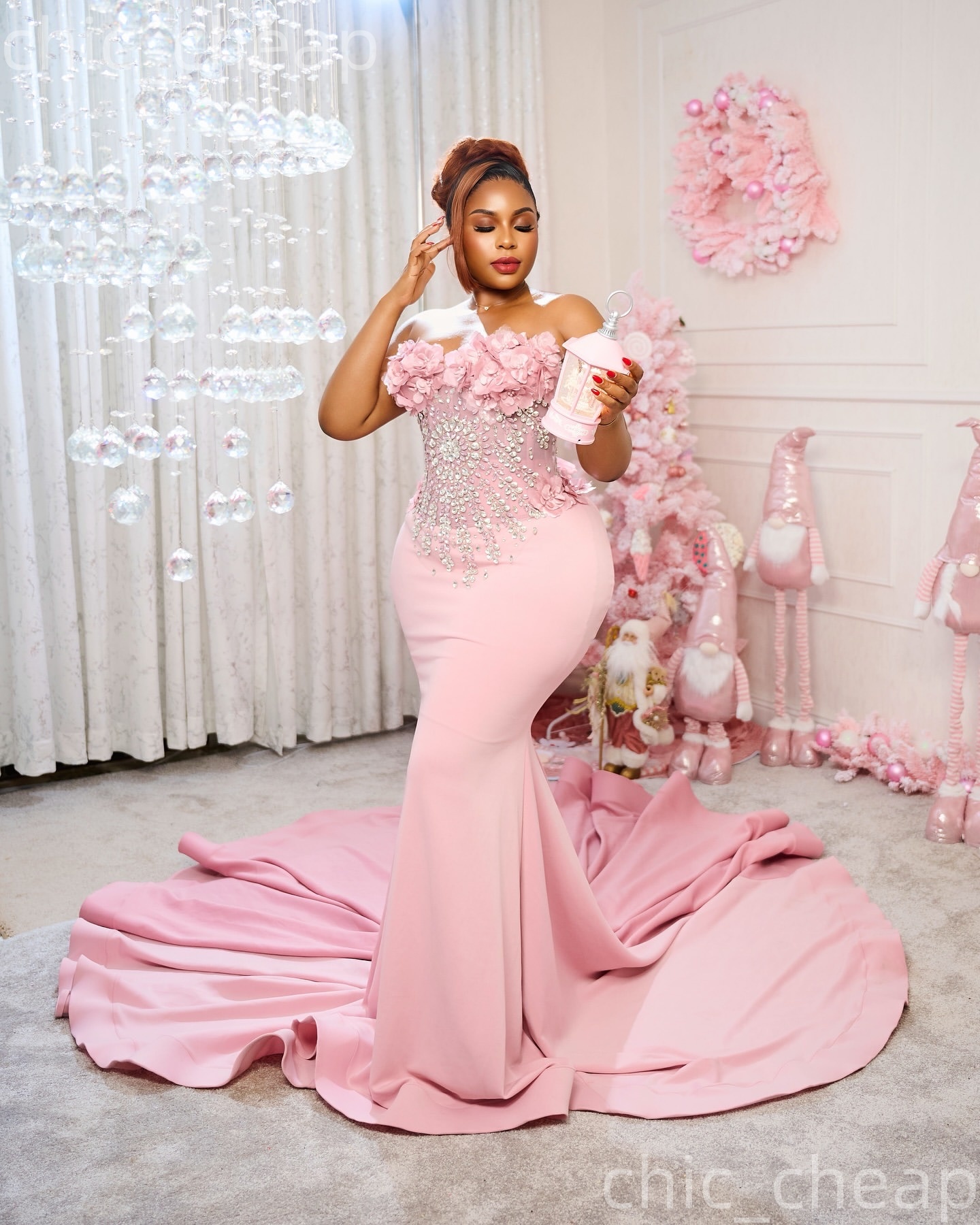 Aso Ebi Blush Pink Mermaid Prom Dresses 2026 Flowers Crystals Satin Evening Formal Party Second Birthday Engagement Gowns Dress For Special Occasions