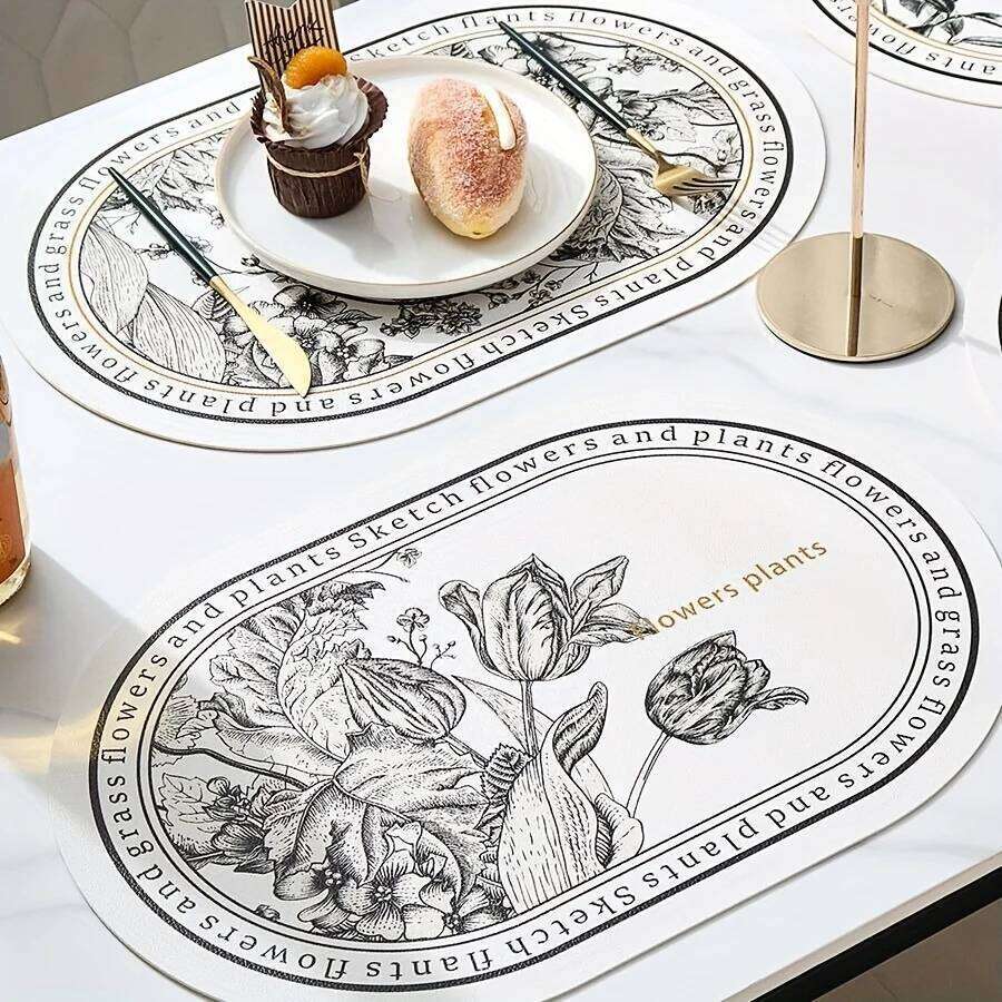 Floral Elliptical Placemats, PU Leather Sketch Flowers Pattern Table Mats, Waterproof Heat-Resistant Non-Slip Wipeable Dining