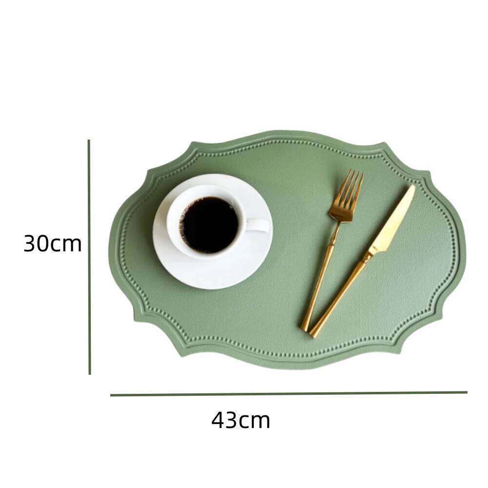 Placemat set with faux leather material for kitchen dining tables, luxurious placemats, tableware, coffee shop mats, dining table mats, green, beige, 