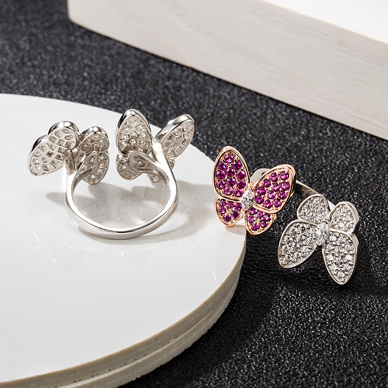 S925 Sterling Silver Double Butterfly with Inlaid Diamonds, Two-tone, European and American Style, Versatile, Trendy, Same Style as Influencers, Women