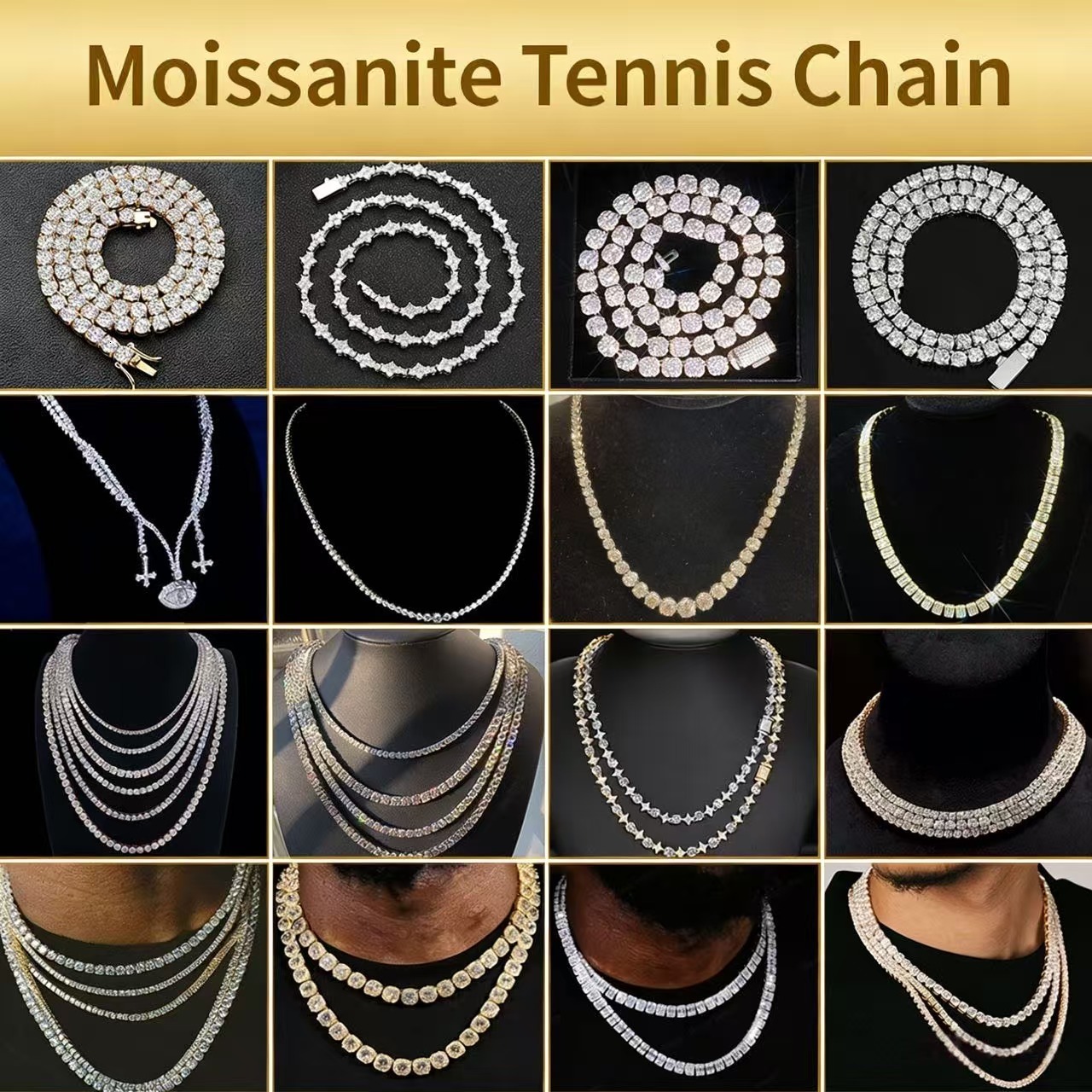Clustered Iced Out Big D VVS 10mm Moissanite Tennis Necklace 925 Sterling Silver Elegant Tennis Chain