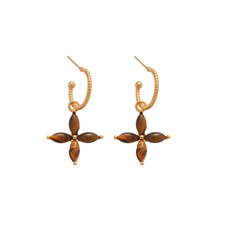Real Gold Plated Tiger Eye Stone C-shaped Flower Melad Retro Elegant Versatile Earrings Light Luxury Niche Ear Jewelry - view 8