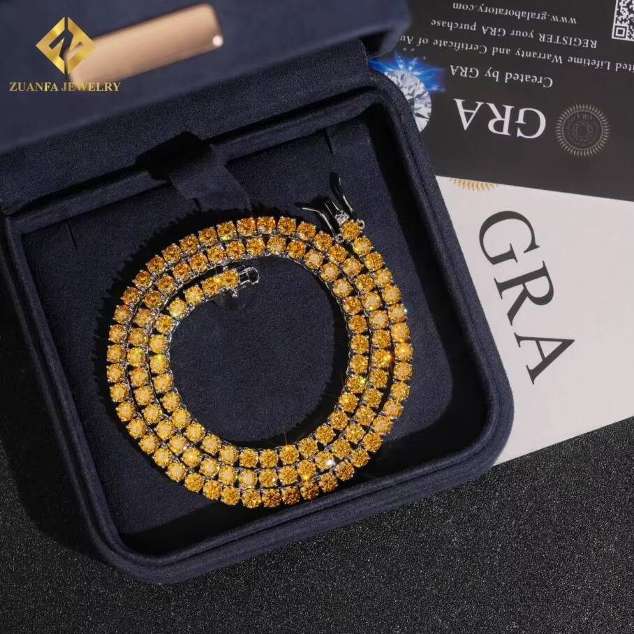 New Arrival Luxury Round Brilliant Cut Yellow Gold 4mm Moissanite 925 Silver Moissanite Tennis Chain Pass Diamond Test with GRA