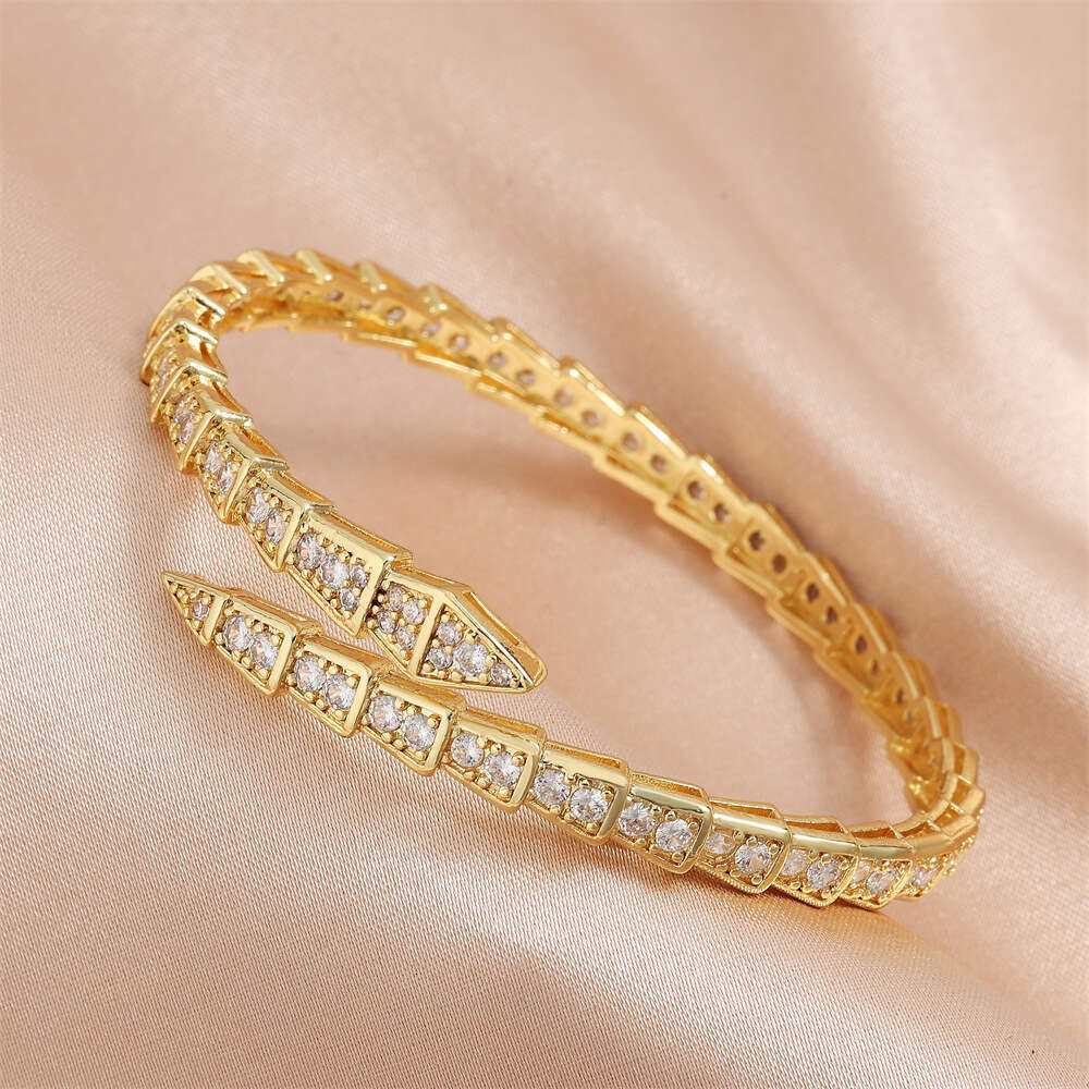 New Micro-Inlaid Zircon Bracelet Light Luxury Full Diamond Snake Bone Spring Open Fashion Women's Ring Jewelry