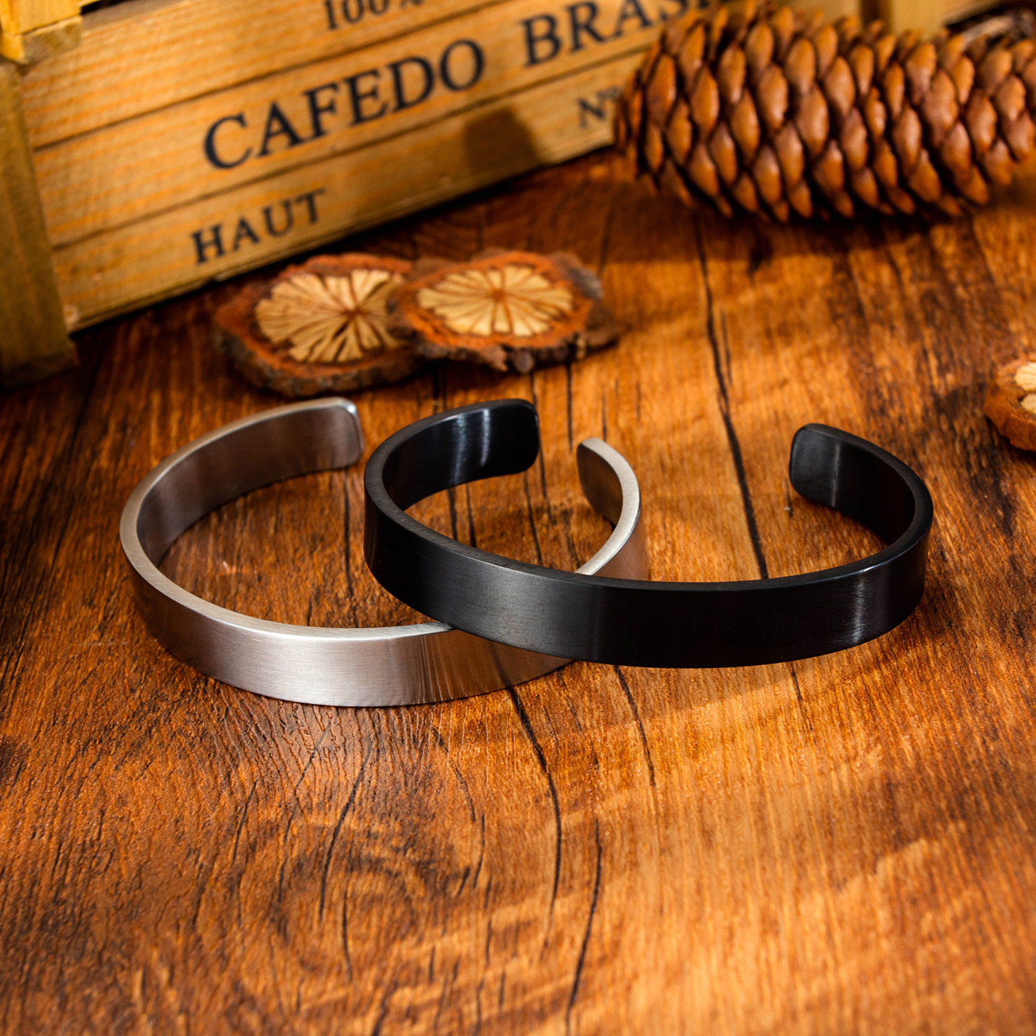 316L Stainless Steel Cuff Bangle Women Men Students Bracelet Jewelry No Fade Silver Black Color