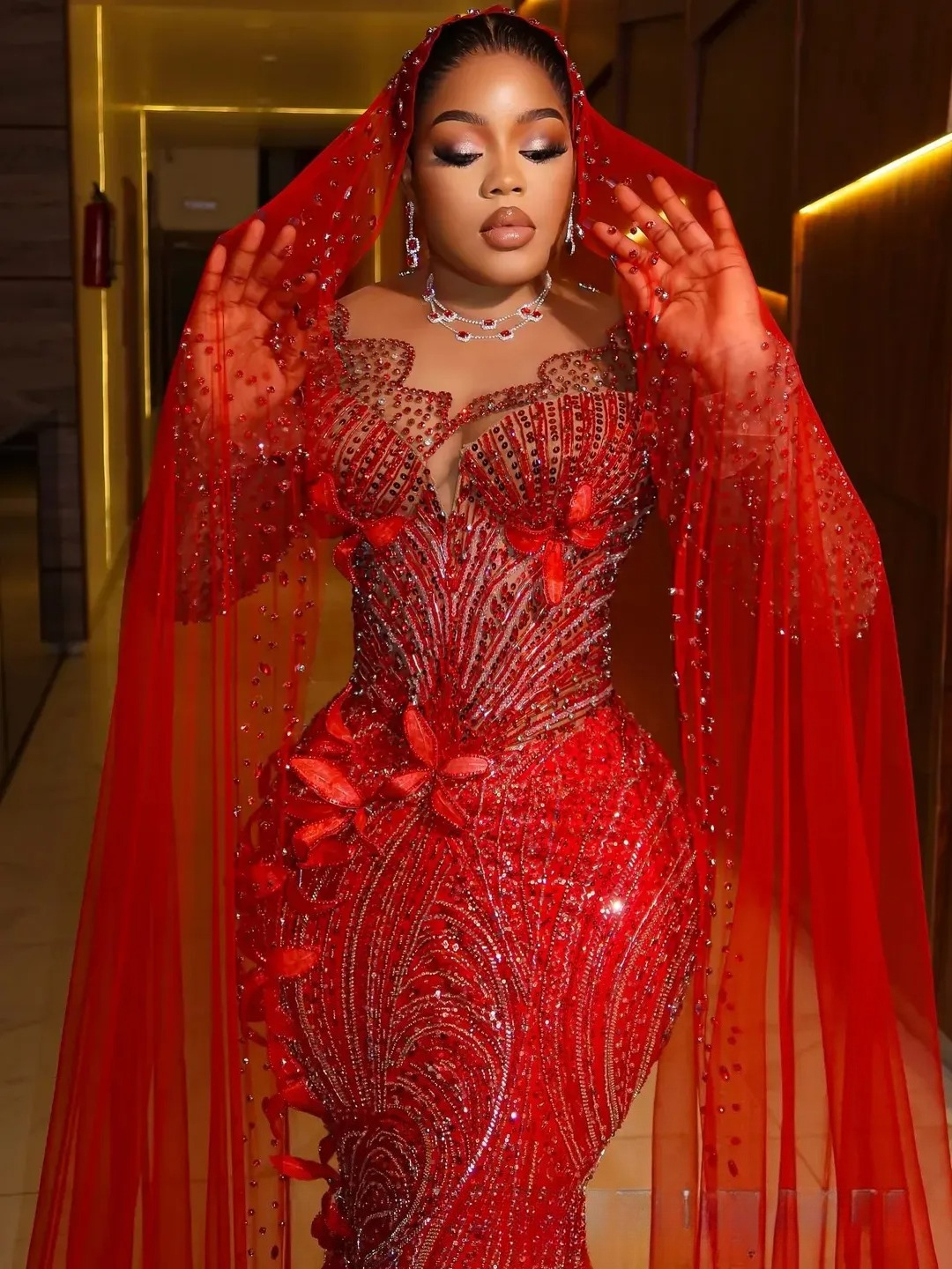 Plus Size Red 2026 Prom Mermaid Evening Dresses For Black Women Beaded Lace Crystals Flora Illusion Long Sleeves Birthday Dress Second Reception Gowns