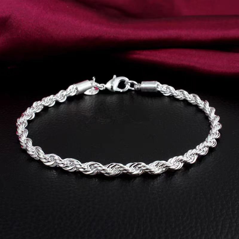 Fashion Jewelry Fried Dough Twists Bracelet Jewelry Silver Plated 4MM Twinkle Rope Bracelet Birthday Gift for Men and Women