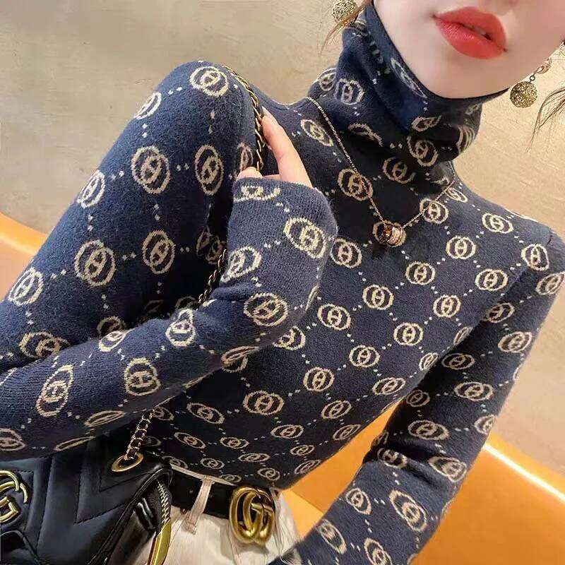 Women Clothing Fashion Turtleneck Long Sleeve Knit Designer Fashion Pullovers Autumn Winter Casual All-Match Geometric Slim Sweaters Chic Tops