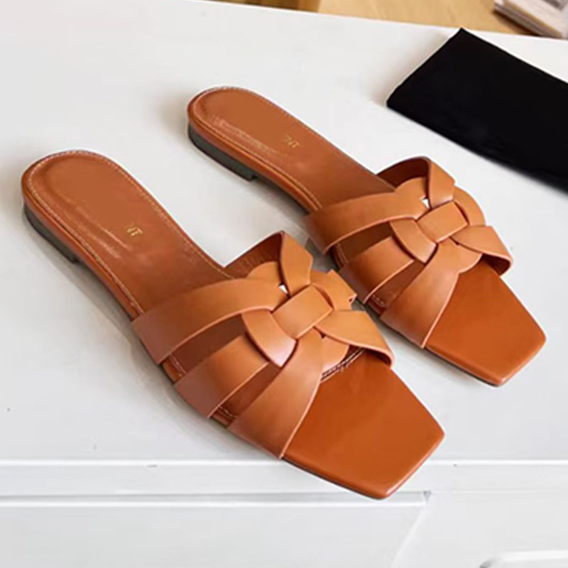 Fashion Smooth Leather TRIBUTE Mules Top luxury quality square peep toe intertwining straps flat slide sandals Chrome free metal free tanned leather Flat Heel mules