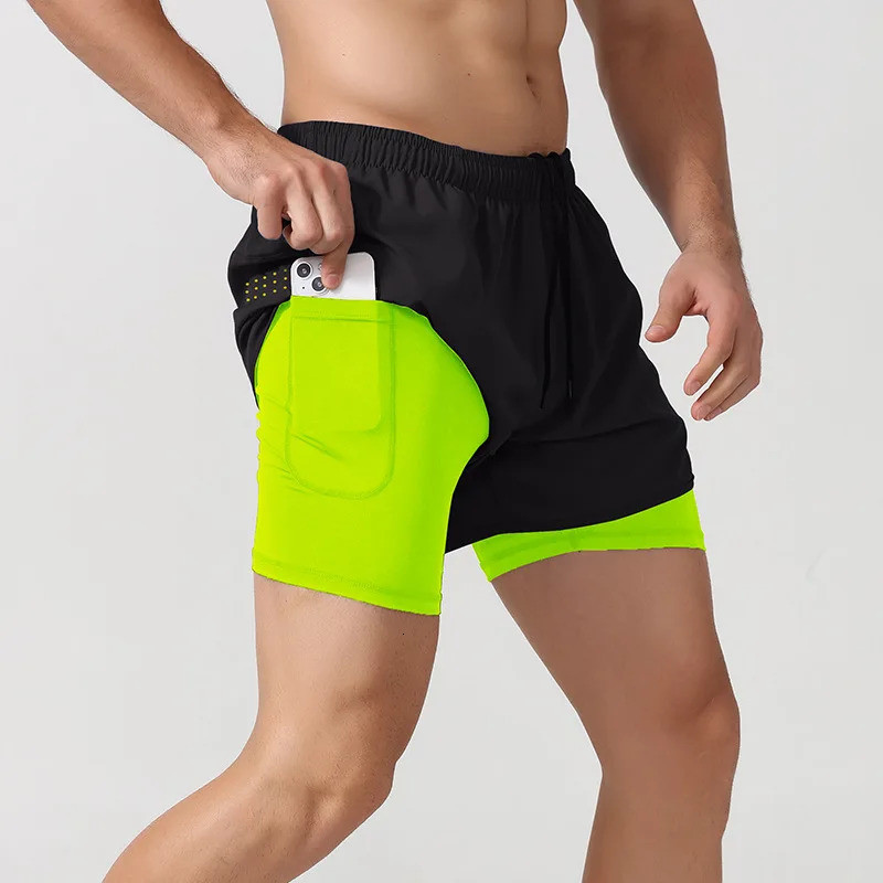 Mens Running Shorts 2 In 1 Fitness Black Double Layer Shorts Workout Training Gym Running Sport Short Pants Summer Shorts Men260108