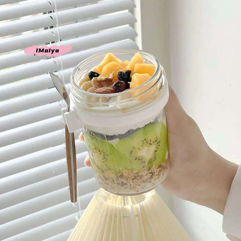 1/2Pcs 350ml Reusable Glass Overnight Oats Jar with Spoon Oatmeal Container Food Storage Organizer for Breakfast