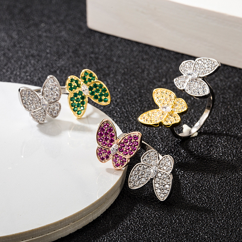 S925 Sterling Silver Double Butterfly with Inlaid Diamonds, Two-tone, European and American Style, Versatile, Trendy, Same Style as Influencers, Women