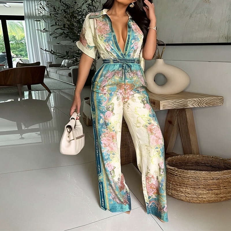 2026 Spring New European and American Elegant Sexy V-Neck Vintage Floral Print Jumpsuit