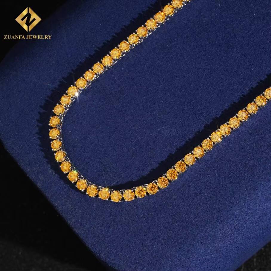 New Arrival Luxury Round Brilliant Cut Yellow Gold 4mm Moissanite 925 Silver Moissanite Tennis Chain Pass Diamond Test with GRA